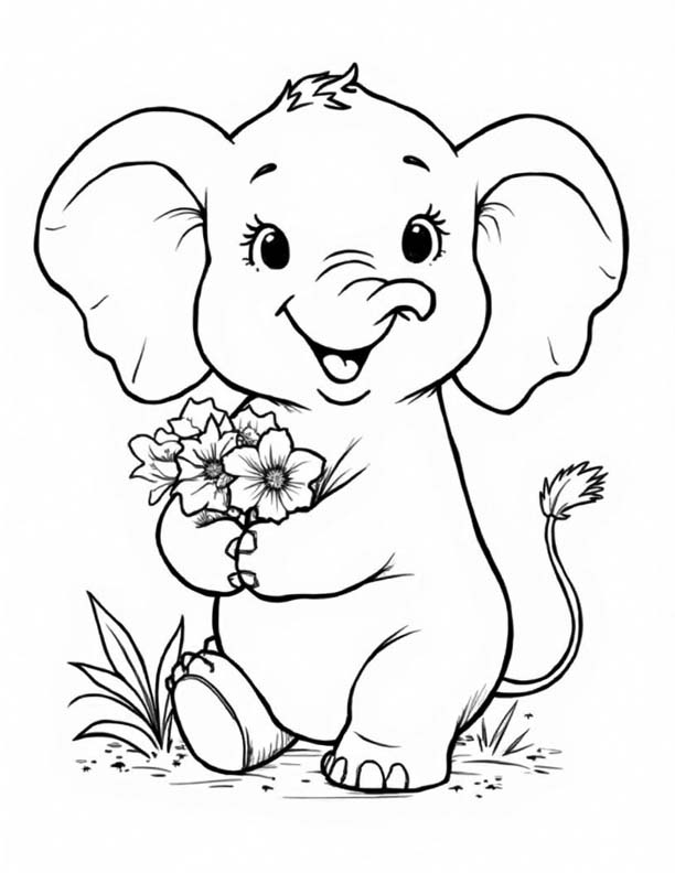 baby elephant with flower coloring page